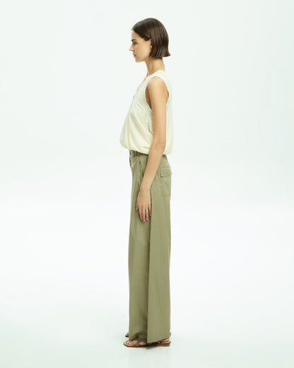 _MALLONI Pantalone a gamba ampia con vita elasticizzata VERDE