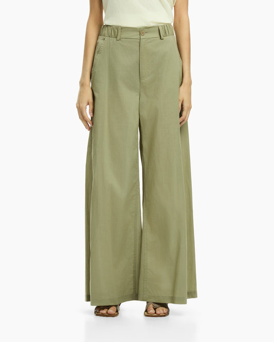 _MALLONI Pantalone a gamba ampia con vita elasticizzata VERDE