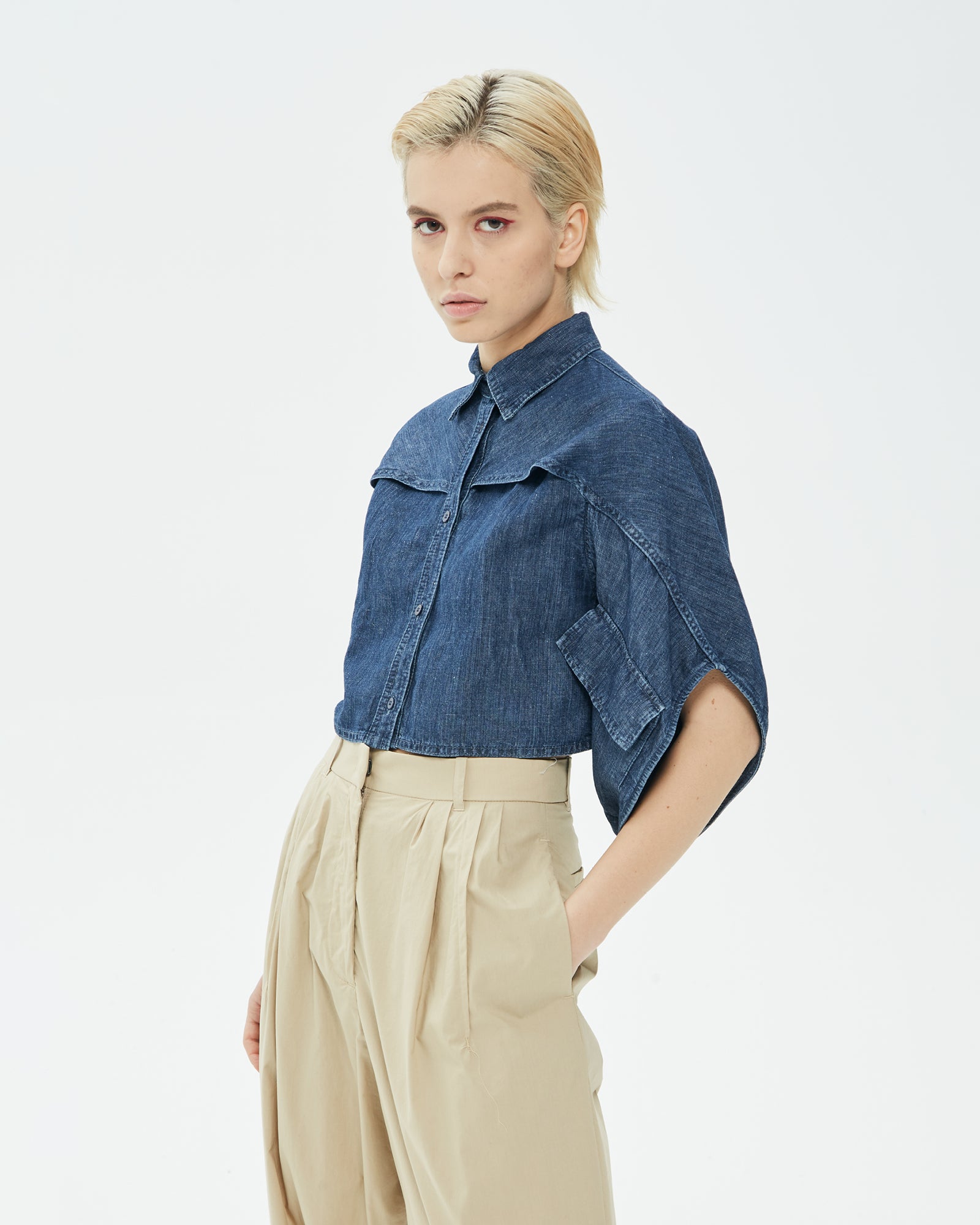 _MALLONI Camicia cropped in tessuto jeans effetto kimono BLU